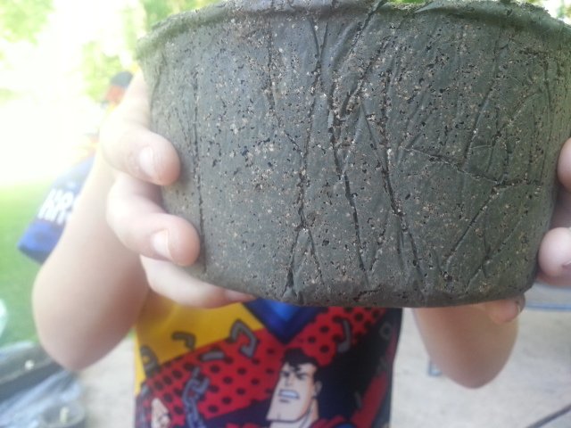 Hypertufa pot with wrinkles made from plastic used to line molds
