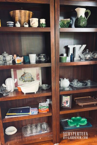 bookcases full of plant accessories